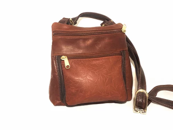 Two Tone Brandy w/ Embossed Tiny Leaves Leather Crossbody Bag